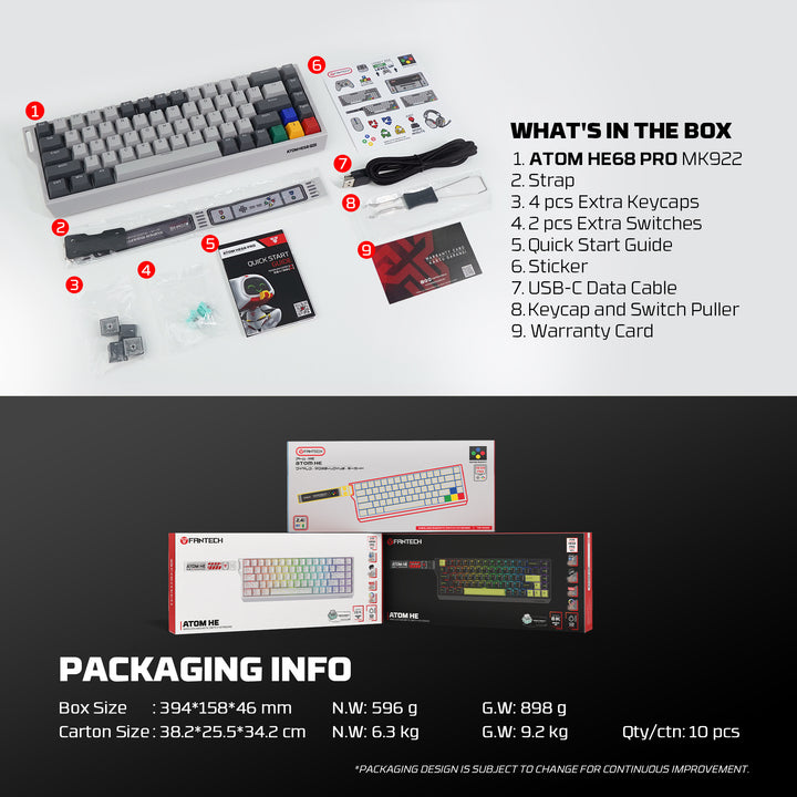 Teclado mecánico gamer FANTECH ATOM HE68 PRO mk922, Super Maxfit
