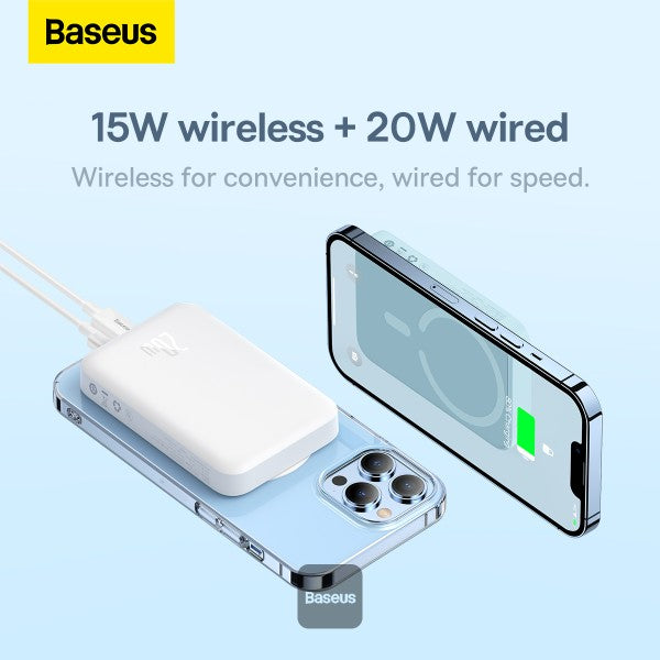 Mini PowerBank inalámbrico magnético Baseus, 10000 mAh, 20W Carga rápida, con cable tipo C, color Blanco