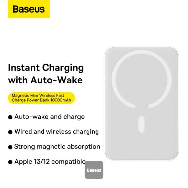 Mini PowerBank inalámbrico magnético Baseus, 10000 mAh, 20W Carga rápida, con cable tipo C, color Blanco