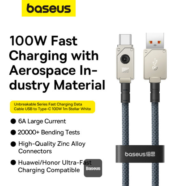Cable de carga rápida Baseus Unbreakable Series, USB-C a USB-C, transferencia de datos, 100 W, 1 m - Achorao