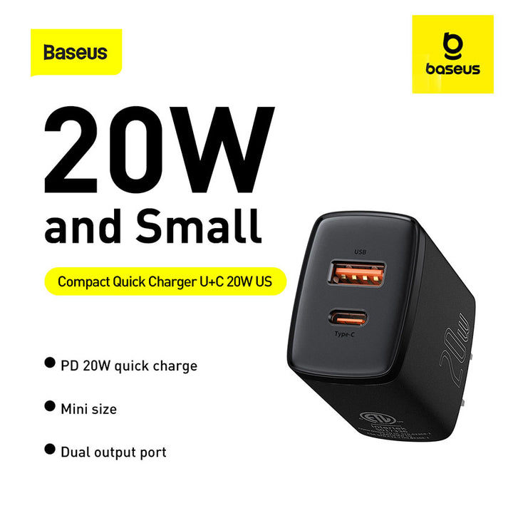 Combo Cargador + Cable Baseus 20W 3A dos salidas USB+Tipo-C US - Achorao