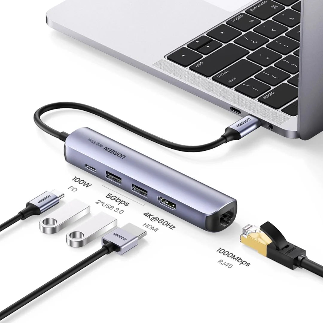 Adaptador Hub UGREEN USB-C a 2*USB 3.0 + HDMI + RJ45 + PD 5 en 1 CM418