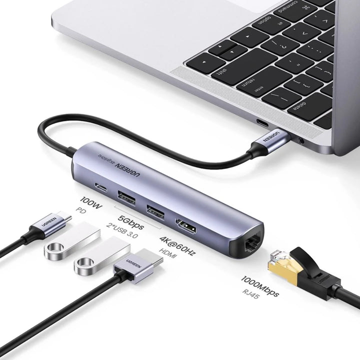 Adaptador Hub UGREEN USB-C a 2*USB 3.0 + HDMI + RJ45 + PD 5 en 1 CM418