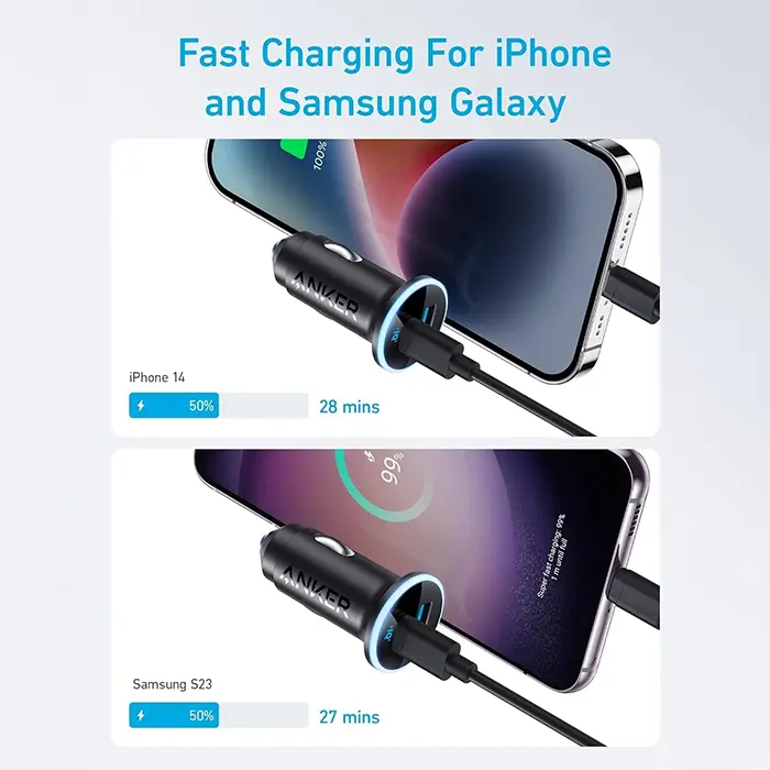 Cargador para auto Anker 323 con puertos USB-C y USB-A de 52.5W en color negro, carga rápida y compacto para automóviles.