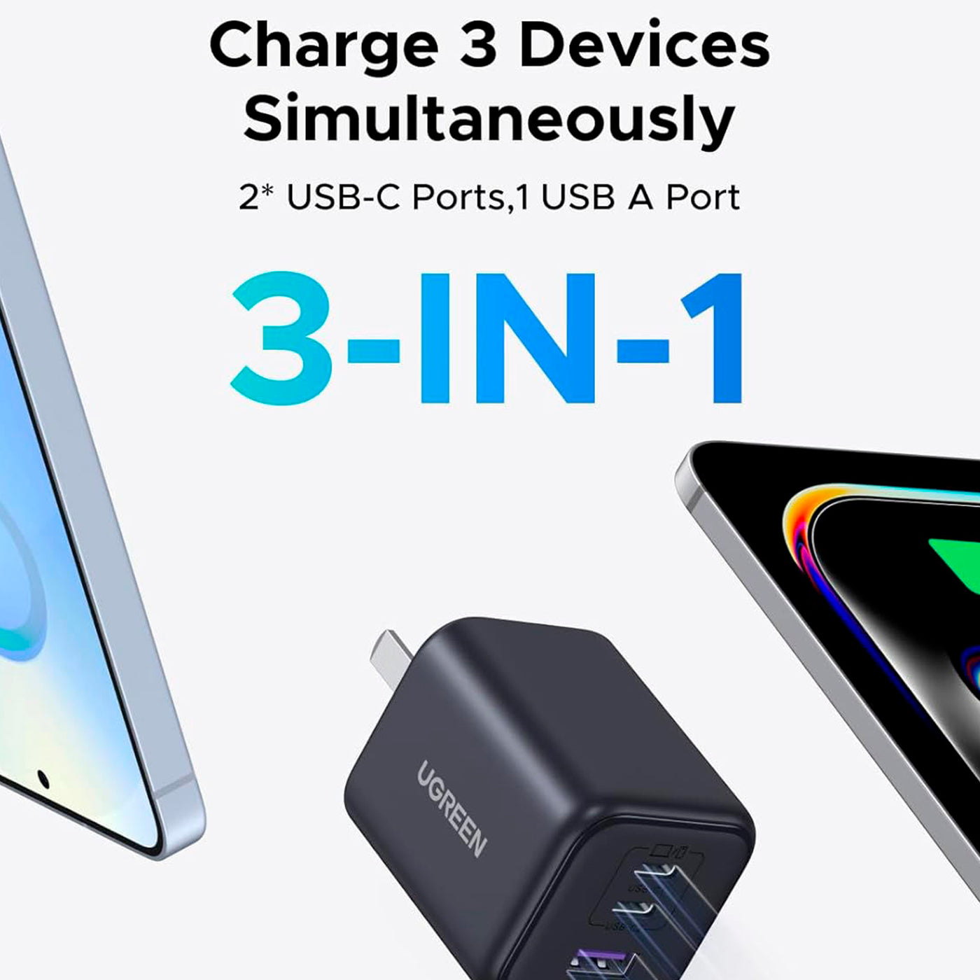 Cargador rápido UGREEN GaN de 45 W y 3 puertos X527 - Achorao