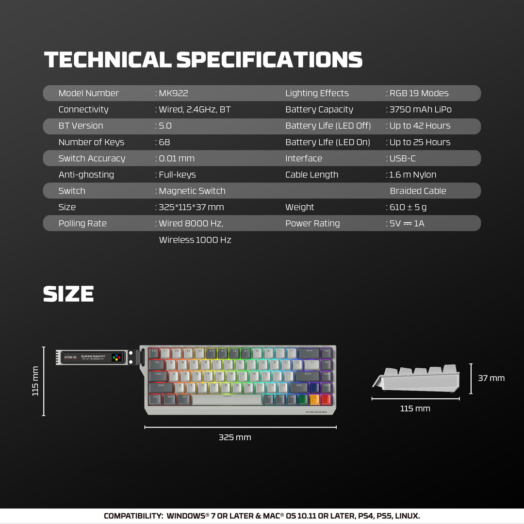 Teclado mecánico gamer FANTECH ATOM HE68 PRO mk922, Super Maxfit