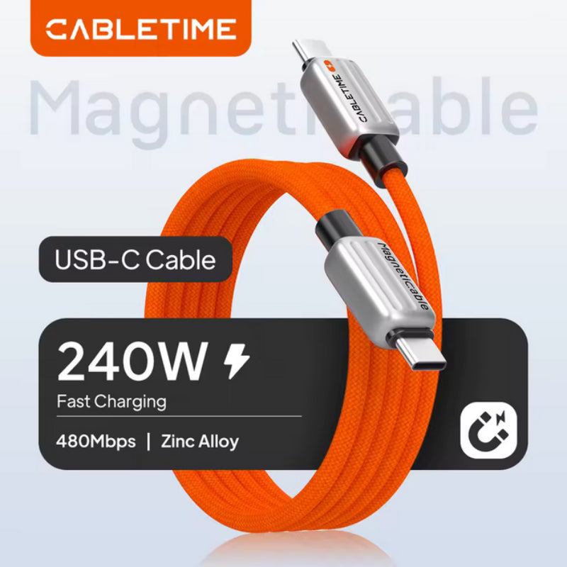 Cable Magnético Auto-Enrollable USB-C CABLETIME | Carga Ultra PD 240W, Naranja