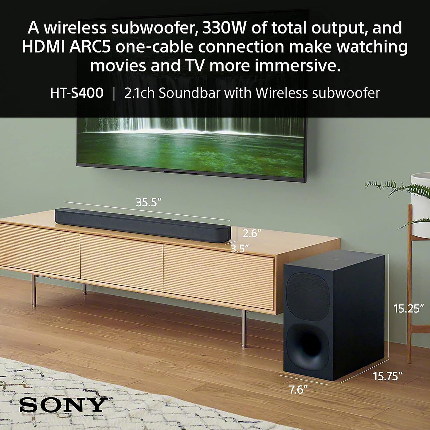 Barra de sonido Sony HT-S400 de 2.1 canales con potente subwoofer inalámbrico