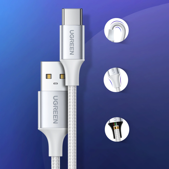 Cable USB-A a USB-C UGREEN Trenzado Blanco, Carga Segura, Modelo US288, PN 60131