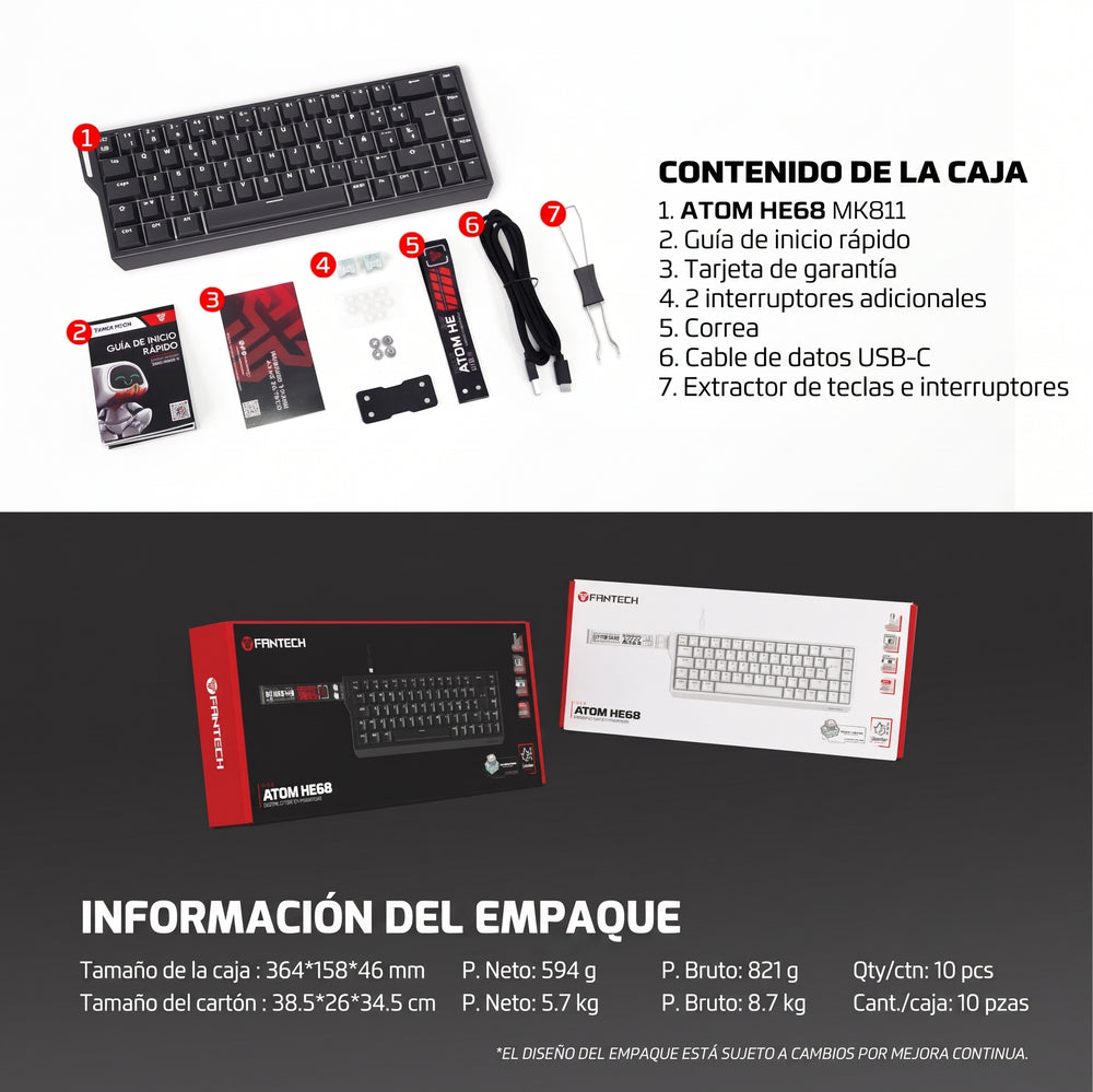 Teclado mecánico gamer Fantech ATOM HE68 MK811 cableado, distribución en español y diseño compacto