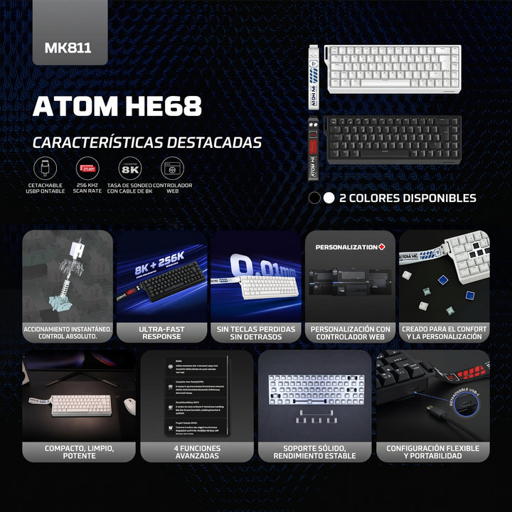 Teclado mecánico gamer Fantech ATOM HE68 MK811 cableado, distribución española en color negro