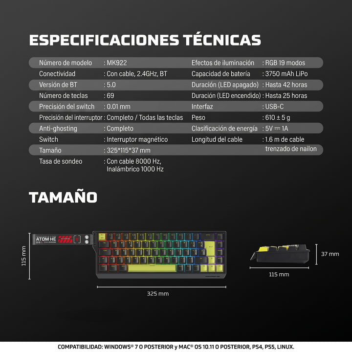 Teclado mecánico inalámbrico Fantech ATOM HE68 PRO MK922 Hall Effect 65% en español