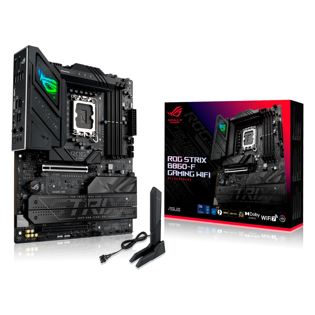 Placa madre ASUS ROG Strix B860-F Gaming WiFi DDR5 LGA 1851 vista frontal de la caja
