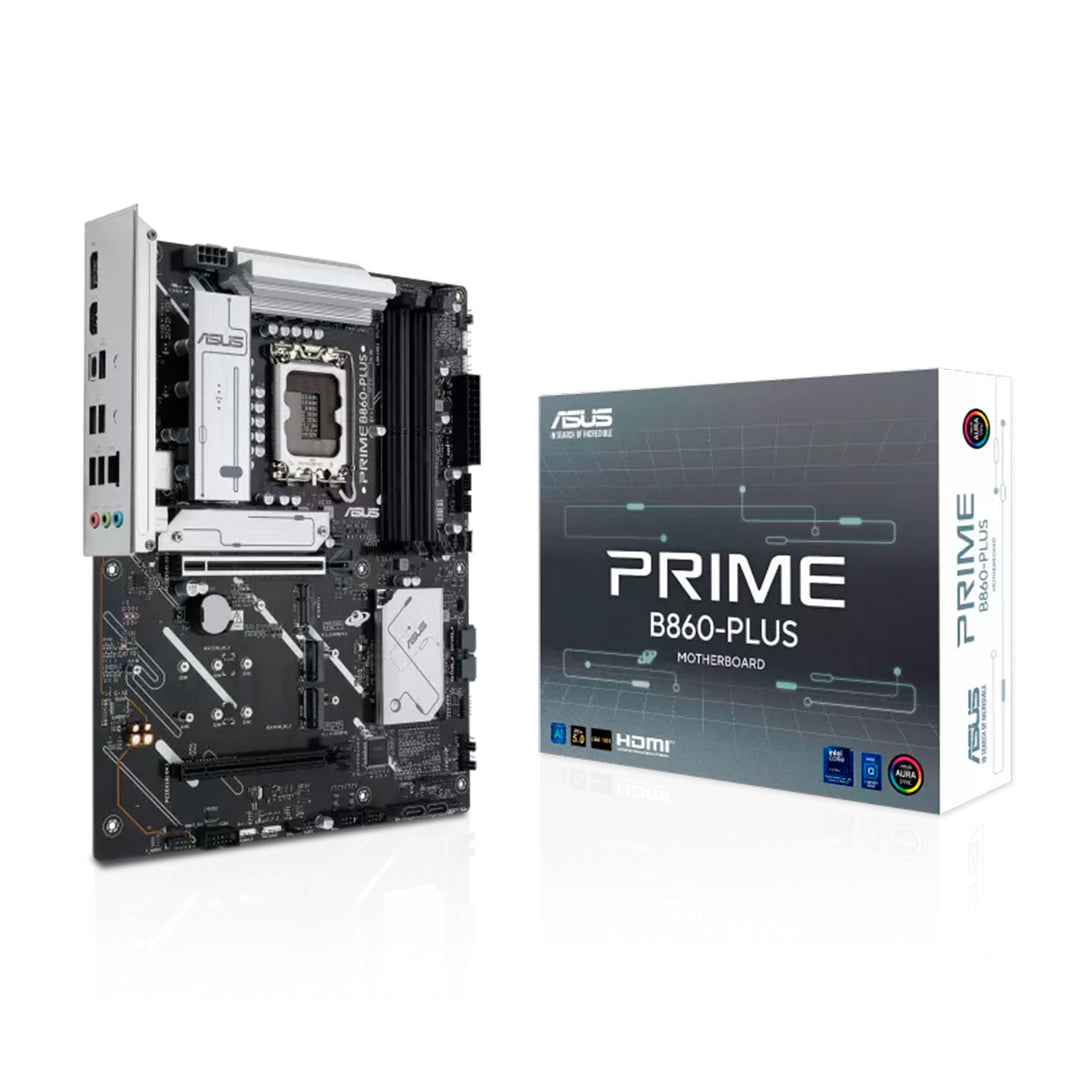 Tarjeta madre Asus PRIME B860-PLUS SVL con socket Intel LGA 1851 y formato ATX, vista desde arriba mostrando puertos y componentes.
