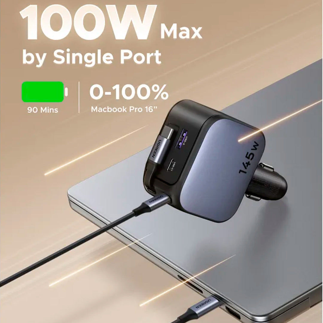 Cargador rápido para auto UGREEN NEXODE con cable retráctil de 2 puertos, 145 W EC604 - Achorao