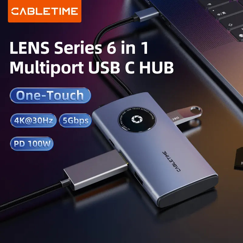 Hub Adaptador USB-C 6 en 1 CABLETIME CB93G | HDMI 4K, PD 100W, Lector SD 3.0 Rápido