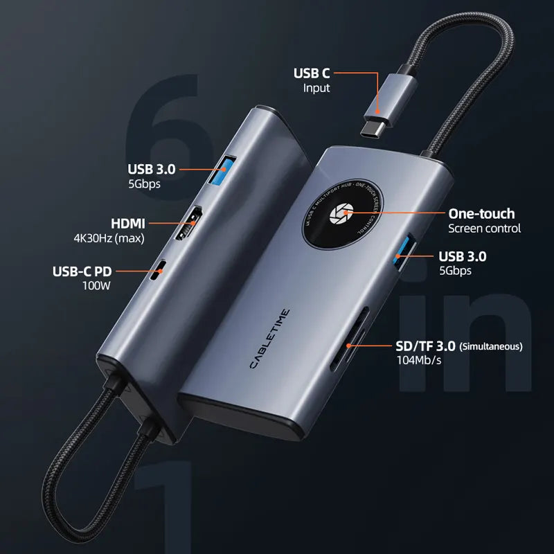Hub Adaptador USB-C 6 en 1 CABLETIME CB93G | HDMI 4K, PD 100W, Lector SD 3.0 Rápido