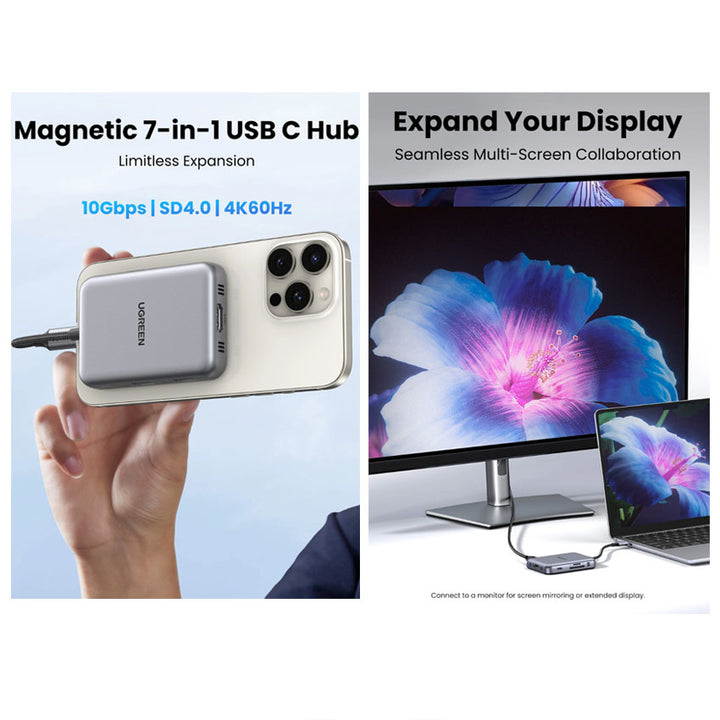 Adaptador HUB UGREEN magnético 7-in-1 USB-C a HDMI+USB-A 3.2*2+USB C 3.2+PD+SD/TF 4.0 CM896