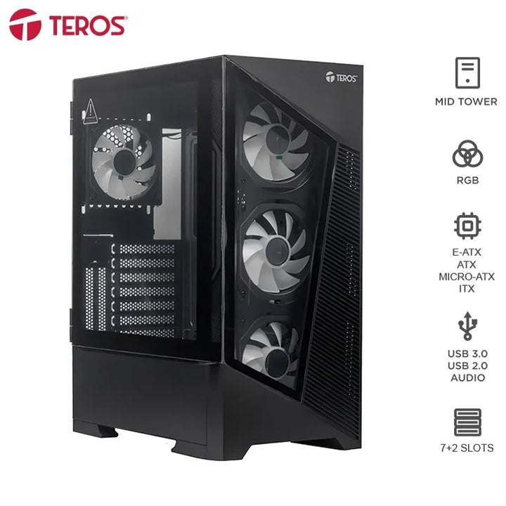 Case gamer TEROS TE-1330G Mid Tower RGB negro, compatible con placas base E-ATX