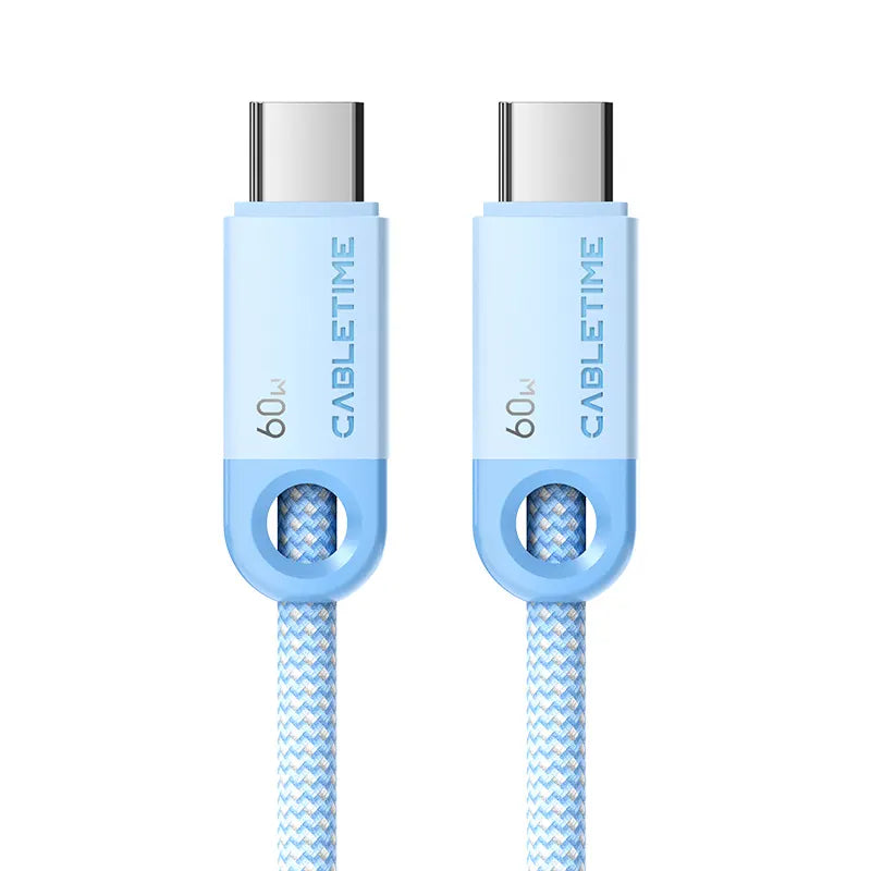 Cable USB-C a USB-C Trenzado CABLETIME CUP3 | Carga Rápida 60W, Nylon, Celeste