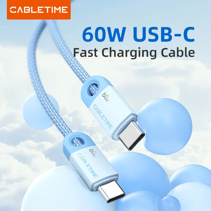 Cable USB-C a USB-C Trenzado CABLETIME CUP3 | Carga Rápida 60W, Nylon, Celeste