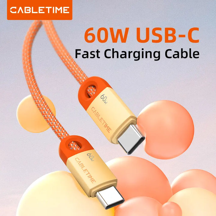 Cable USB-C a USB-C Trenzado CABLETIME CUP5H | Carga Rápida 60W, 1 Metro, Naranja