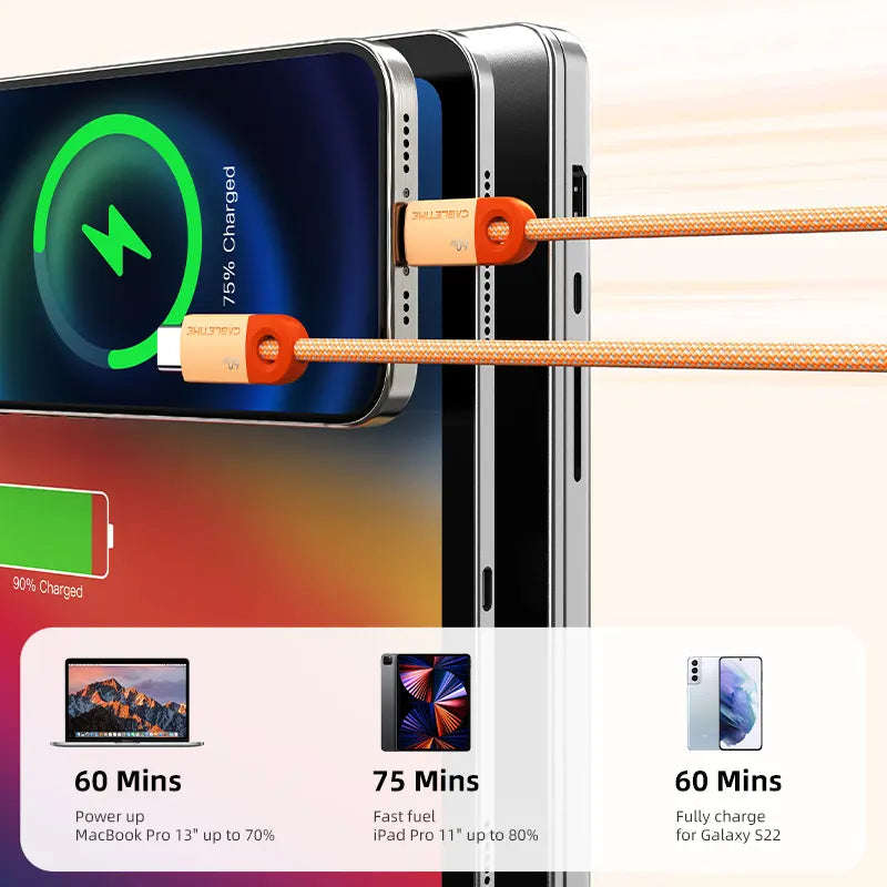 Cable USB-C a USB-C Trenzado CABLETIME CUP5H | Carga Rápida 60W, 1 Metro, Naranja