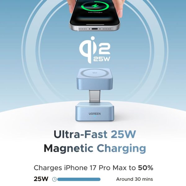 Estaciòn de carga magnética Ugreen MagFlow Qi2 25W MagSafe 2 en 1 W752 - Achorao