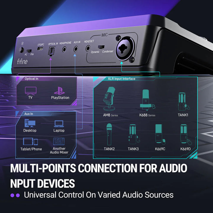 Mezclador de audio para streaming y gaming FIFINE AmpliGame SC8 USB con efectos de voz - Achorao