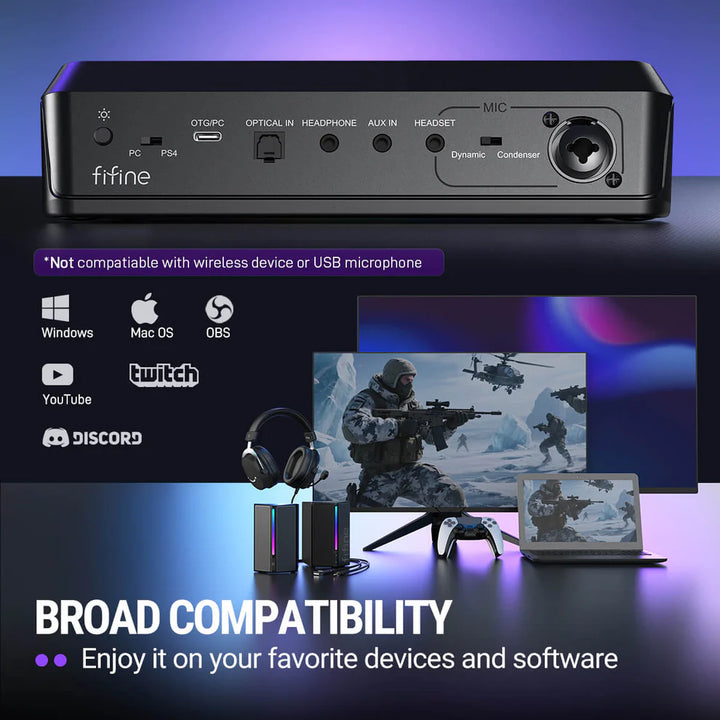Mezclador de audio para streaming y gaming FIFINE AmpliGame SC8 USB con efectos de voz - Achorao