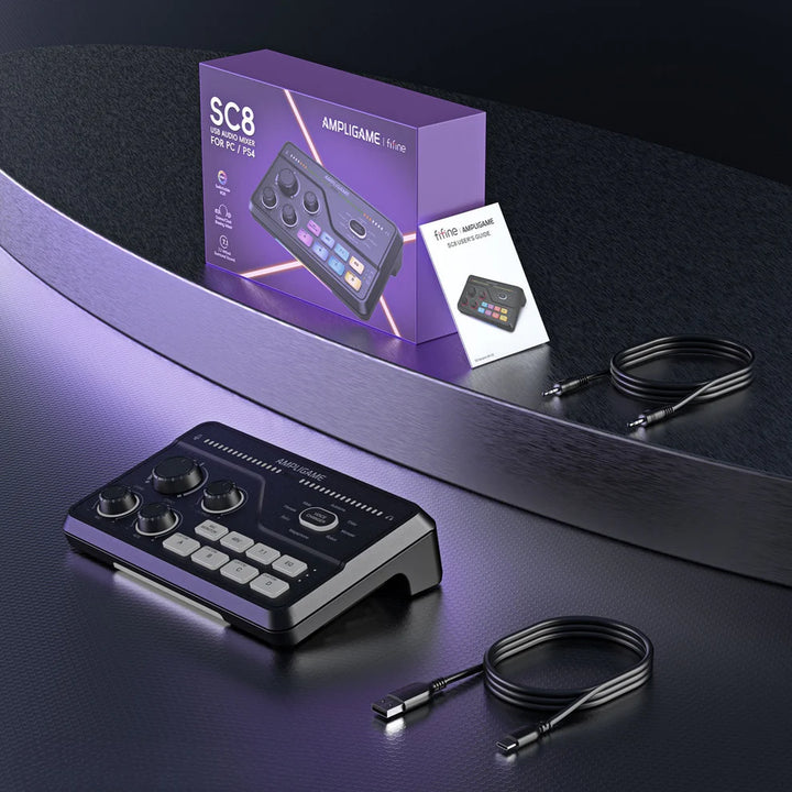 Mezclador de audio para streaming y gaming FIFINE AmpliGame SC8 USB con efectos de voz - Achorao