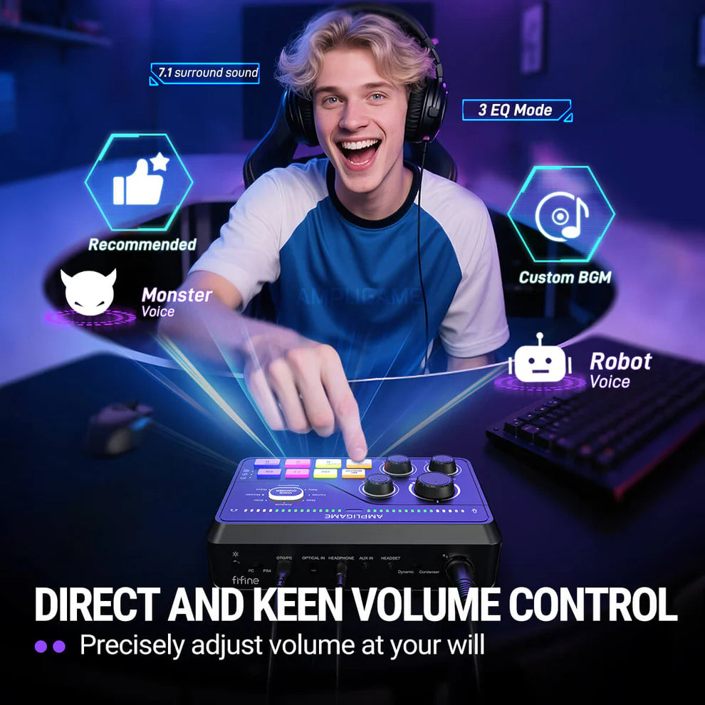 Mezclador de audio para streaming y gaming FIFINE AmpliGame SC8 USB con efectos de voz - Achorao