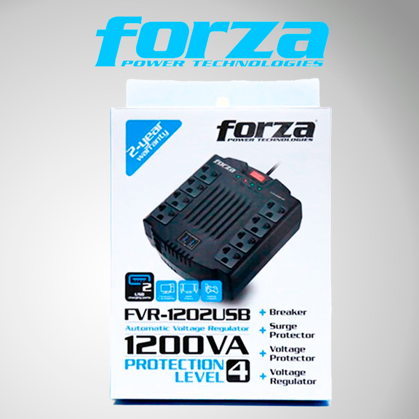 Estabilizador Automático Forza 8 Tomas - FVR-1202USB - Capacidad 1200VA / 600W