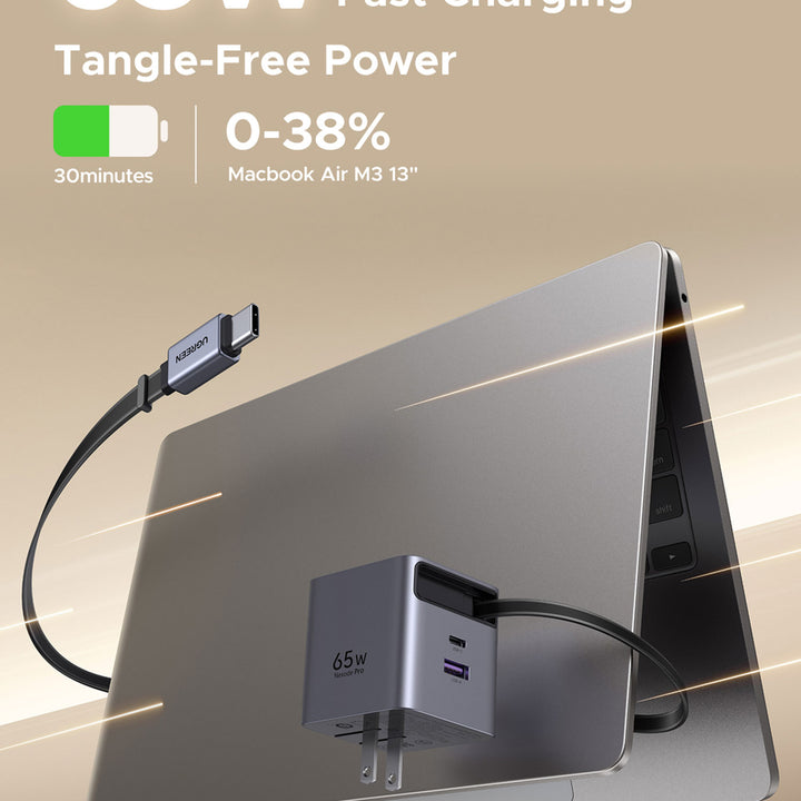 Cargador de carga rápida UGREEN 65W 2C1A Cable retráctil GaN Fast Charger X615