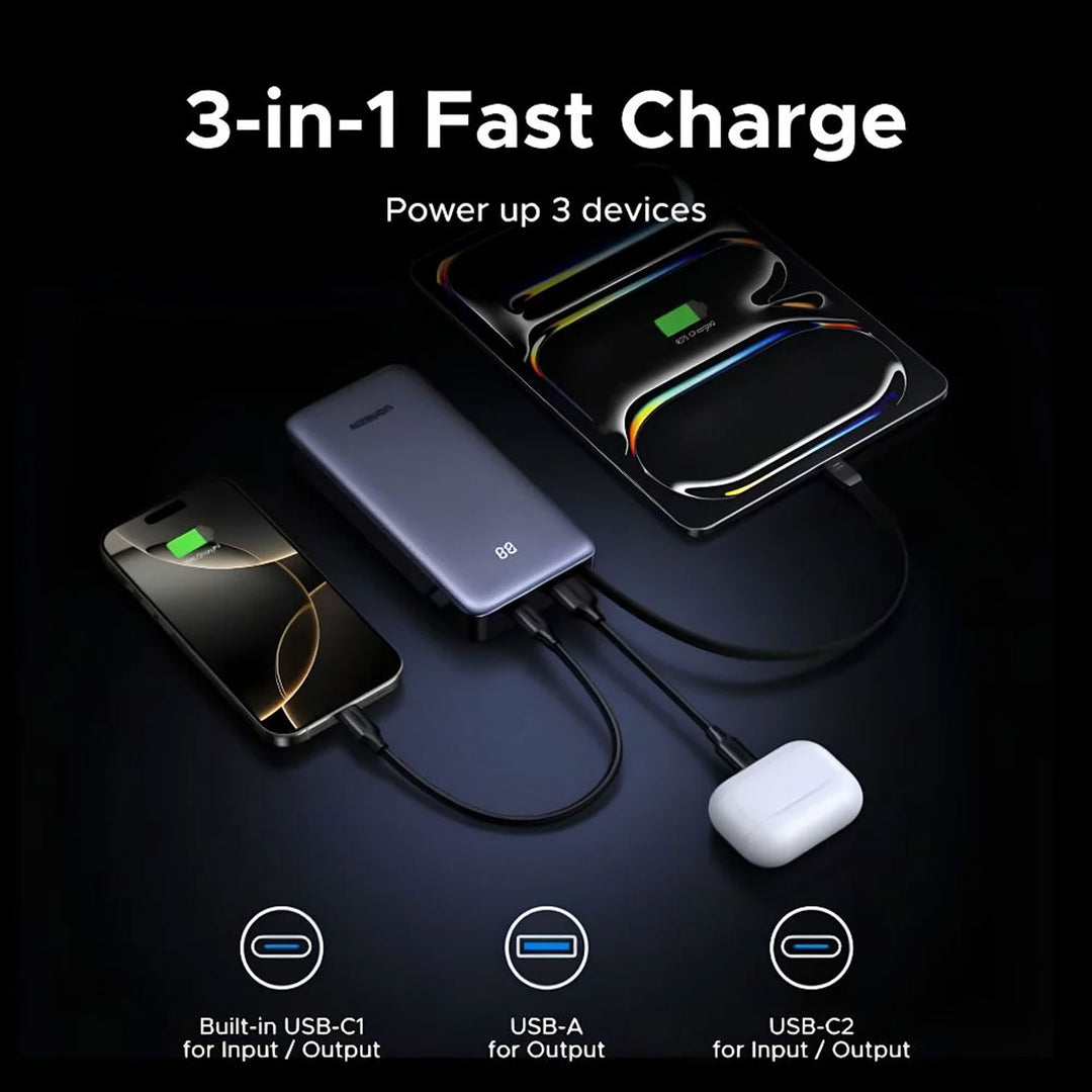 Banco de energía UGREEN 55W carga rápida modelo PB537, cargador portátil con puertos USB-C para dispositivos electrónicos.
