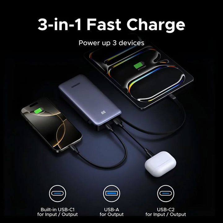 Banco de energía UGREEN 55W carga rápida modelo PB537, cargador portátil con puertos USB-C para dispositivos electrónicos.
