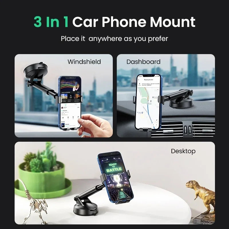 Soporte de celular UGREEN para auto por gravedad con ventosa, compatible con teléfonos de diferentes tamaños, en color negro.