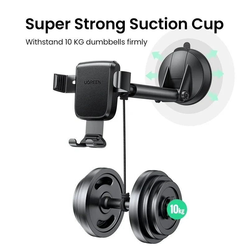 Soporte de celular Ugreen para auto por gravedad con ventosa, compatible con diversos teléfonos, en color negro, modelo LP200.