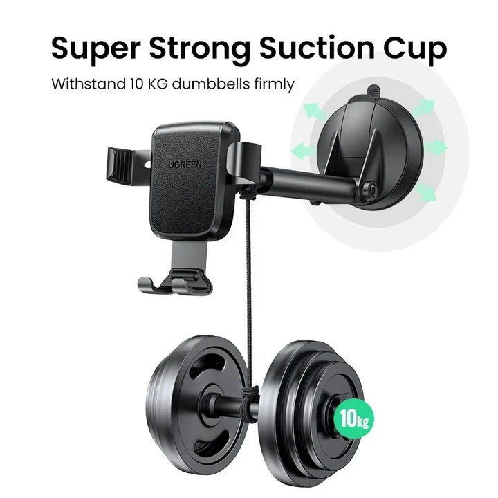 Soporte de celular Ugreen para auto por gravedad con ventosa, compatible con diversos teléfonos, en color negro, modelo LP200.