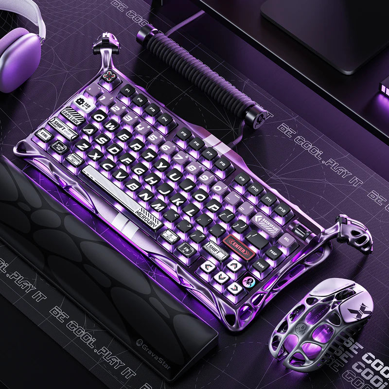 Teclado mecánico Gamer GravaStar MERCURY V75 PRO HE Cableado Ingles, Iron Purple - Magnetic Switch - Achorao