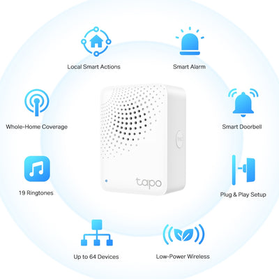 TP-Link Tapo H100 Smart Hub with Chime con 19 Tonos, Control Inteligente centralizado Hogar, Enlace a WiFi hasta 64 Dispositivos
