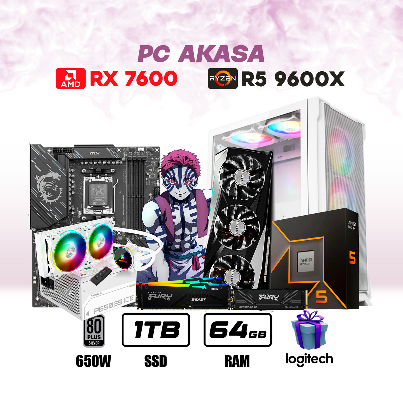 CPU Akasa Ryzen 5 9600X | RX 7600 8GB | 1TB SSD | 64GB DDR5 | ENF. LIQ. - Achorao