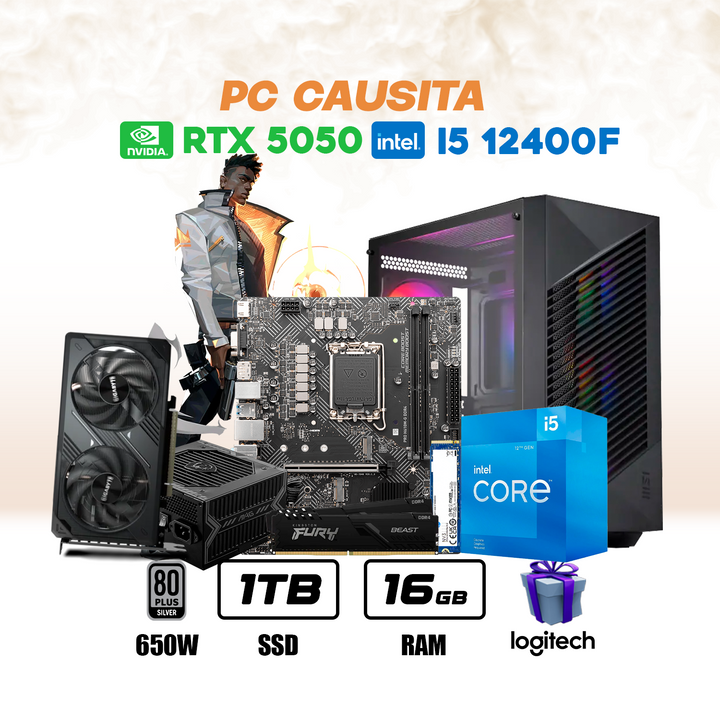 PC Gamer Causita i5-12400F + RTX 5050 8GB + 16GB DDR4 + 1TB NVMe