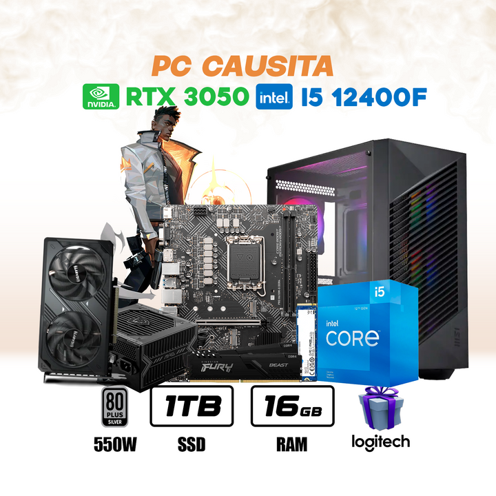 PC Gamer Causita i5-12400F + RTX 5050 8GB + 16GB DDR4 + 1TB NVMe