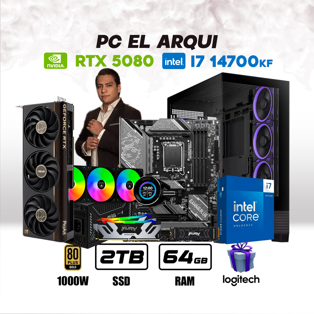 PC El Arqui Intel Core i7 14700KF + RTX 5080 16GB + 2TB NVMe + 64GB DDR5 + ENF. LIQ.