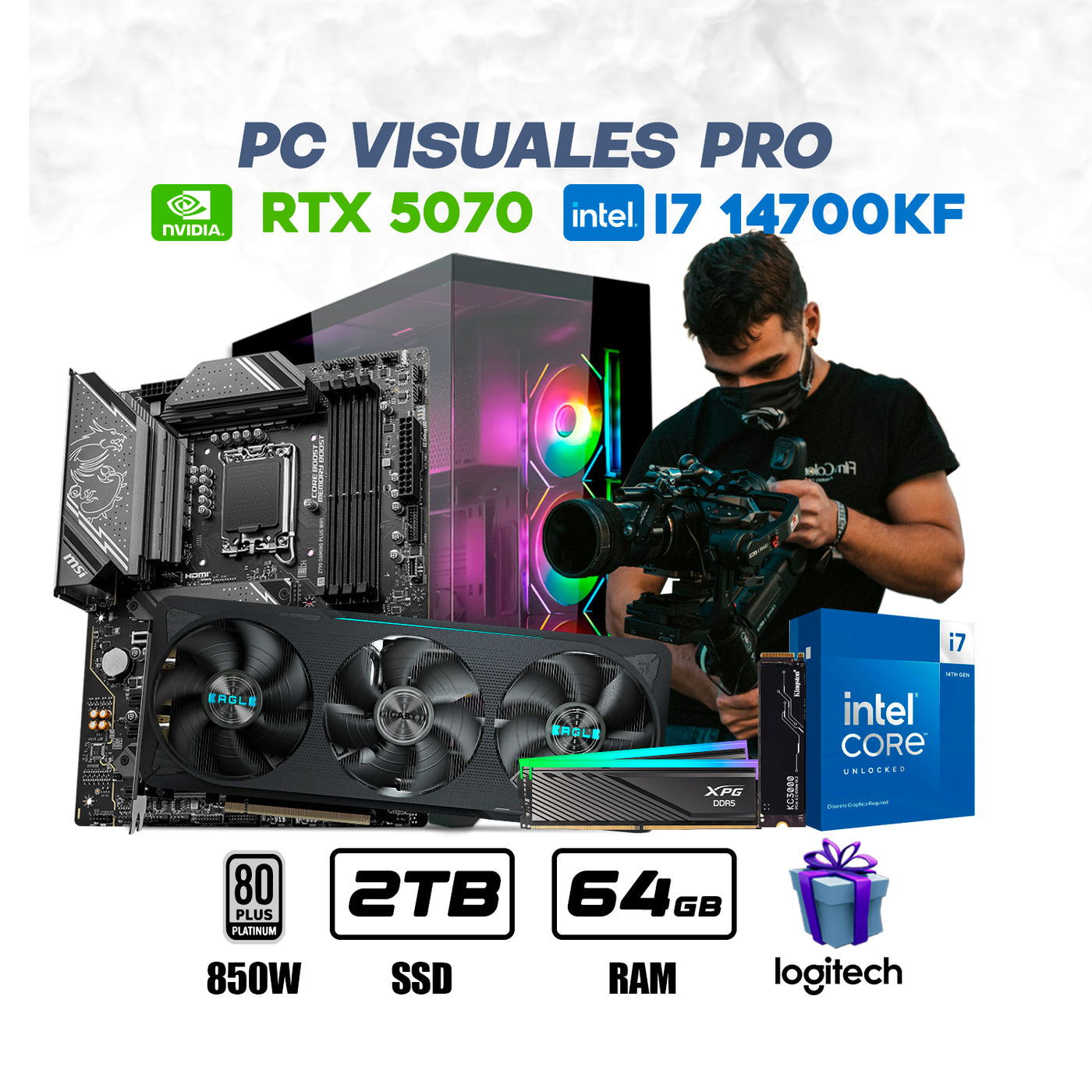 CPU Visuales Pro Intel Core i7 14700KF | RTX 5070 12GB | 2TB SSD | 64GB RAM DDR5 | ENF. LIQ. #F7132P