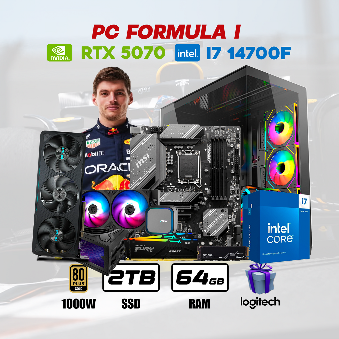 CPU Fórmula 1 Intel Core i7 14700F | RTX 5070 12GB | 2TB SSD | 64GB DDR5 | ENF. LIQ. #WRC24