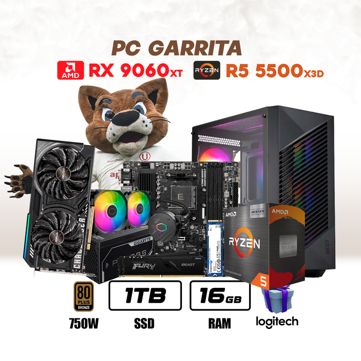 PC Garrita Ryzen 5 5500X3D + RX 9060 XT + 16GB  DDR4 + 1TB NVMe