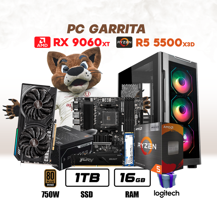 PC Garrita Ryzen 5 5500X3D + RX 9060 XT 16GB + 16GB  DDR4 + 1TB NVMe