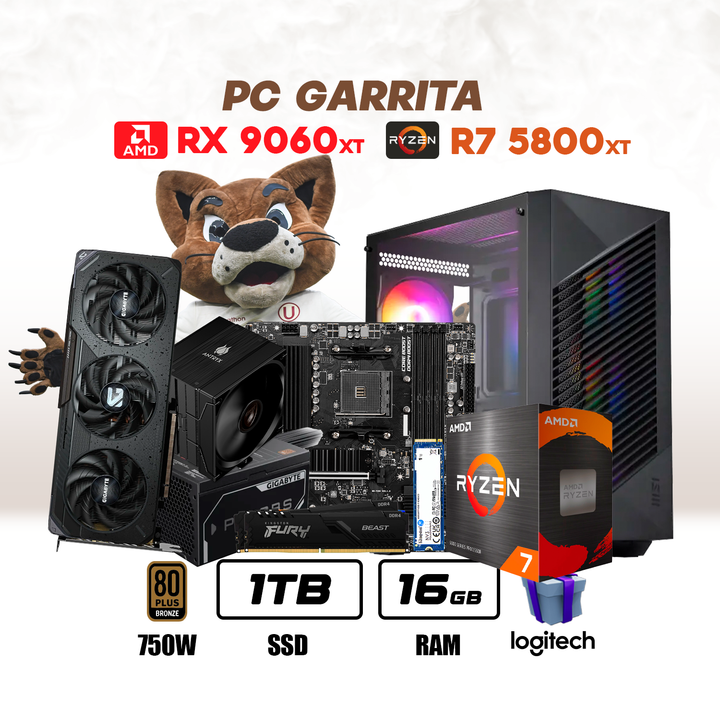 PC Garrita Ryzen 7 5800XT + RX 9060 XT + 16GB  DDR4 + 1TB NVMe